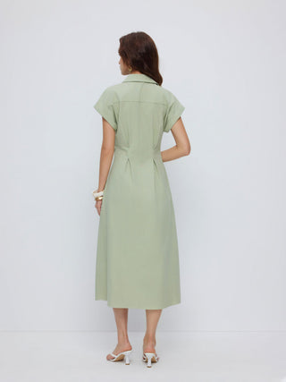 Linen-blend Short Sleeve Twist Knotted Shirt Midi Dress