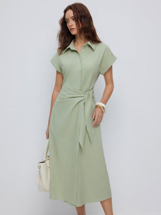 Linen-blend Short Sleeve Twist Knotted Shirt Midi Dress