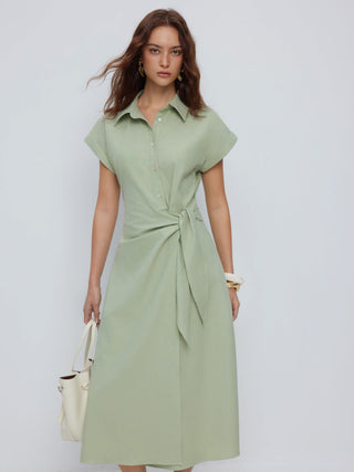 Linen-blend Short Sleeve Twist Knotted Shirt Midi Dress