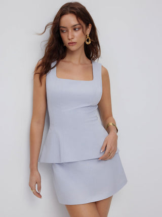 Linen-blend Square Neck Peplum Top & Mid Rise Mini Skirt Set