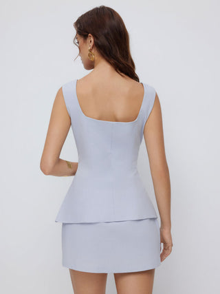 Linen-blend Square Neck Peplum Top & Mid Rise Mini Skirt Set
