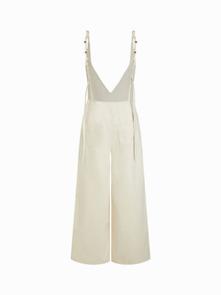 Denim Mid Rise V-neck Backless Pearl Detail Wide Leg Oversized Jumpsuit