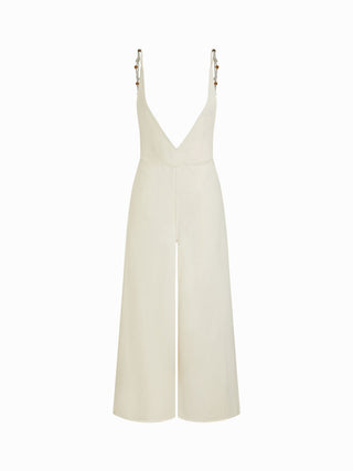 Denim Mid Rise V-neck Backless Pearl Detail Wide Leg Oversized Jumpsuit