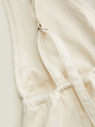 Denim Mid Rise V-neck Backless Pearl Detail Wide Leg Oversized Jumpsuit