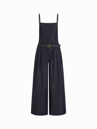 Denim Mid Rise Metal Detail Oversized Wide Leg Jumpsuit With Belt