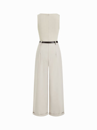 Textured Boat Neck Mid Rise Straight Leg Jumpsuit With Belt