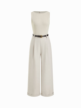 Textured Boat Neck Mid Rise Straight Leg Jumpsuit With Belt