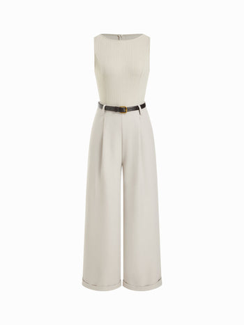 Textured Boat Neck Mid Rise Straight Leg Jumpsuit With Belt