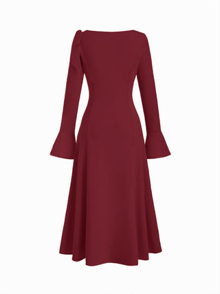 Boat Neck Bell Sleeve Draped Knotted Flared Maxi Dress