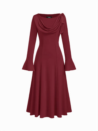 Boat Neck Bell Sleeve Draped Knotted Flared Maxi Dress