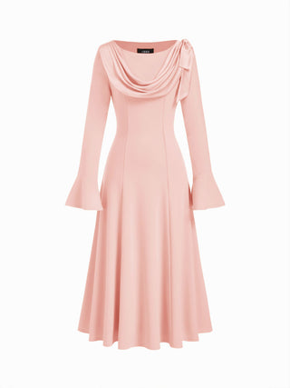 Boat Neck Bell Sleeve Draped Knotted Flared Maxi Dress