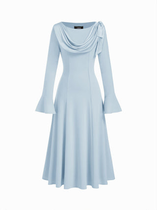 Boat Neck Bell Sleeve Draped Knotted Flared Maxi Dress