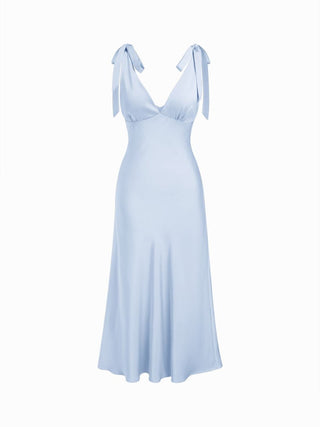 Satin V-neck Twist Knotted Flared Maxi Dress