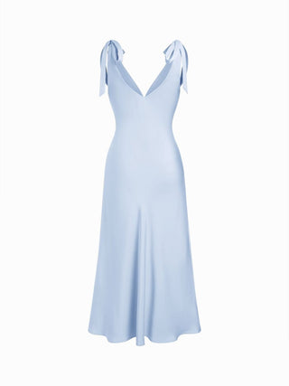 Satin V-neck Twist Knotted Flared Maxi Dress