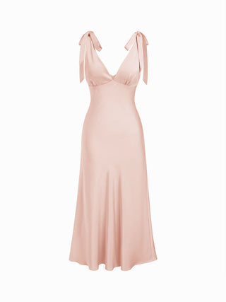 Satin V-neck Twist Knotted Flared Maxi Dress