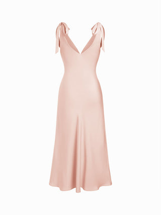 Satin V-neck Twist Knotted Flared Maxi Dress
