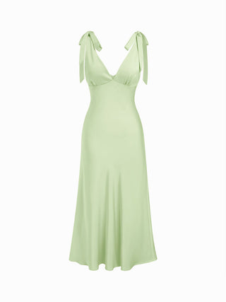 Satin V-neck Twist Knotted Flared Maxi Dress
