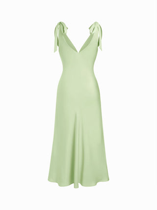 Satin V-neck Twist Knotted Flared Maxi Dress
