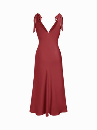 Satin V-neck Twist Knotted Flared Maxi Dress