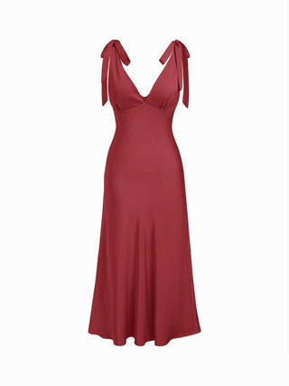 Satin V-neck Twist Knotted Flared Maxi Dress