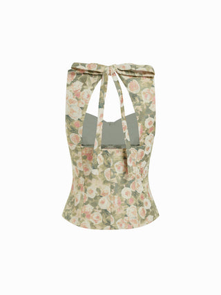 Jacquard Floral Sweetheart Neck Bowknot Corset Tank Blouse
