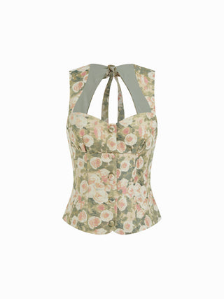 Jacquard Floral Sweetheart Neck Bowknot Corset Tank Blouse