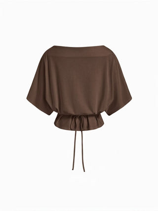 Cotton-blend Boat Neck Batwing Sleeve Drawstring Tee