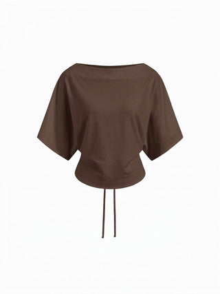 Cotton-blend Boat Neck Batwing Sleeve Drawstring Tee
