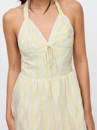 Cotton-blend Striped Sweetheart Neck Lace Trim Backless Flared Mini Dress