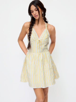 Cotton-blend Striped Sweetheart Neck Lace Trim Backless Flared Mini Dress