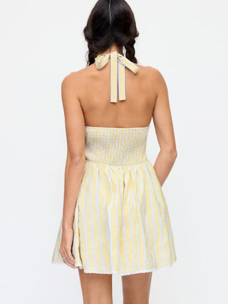 Cotton-blend Striped Sweetheart Neck Lace Trim Backless Flared Mini Dress