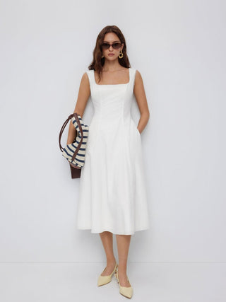 Cotton Square Neck Shirred Pocket A-line Midi Dress