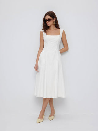 Cotton Square Neck Shirred Pocket A-line Midi Dress