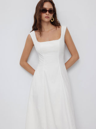 Cotton Square Neck Shirred Pocket A-line Midi Dress