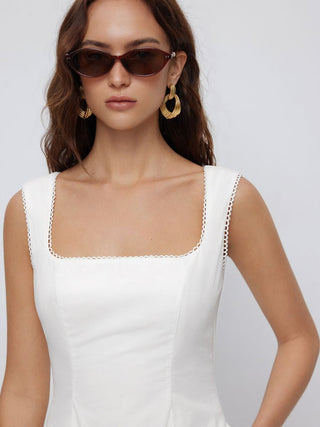 Cotton Square Neck Shirred Pocket A-line Midi Dress