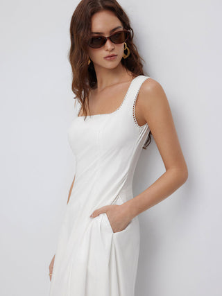 Cotton Square Neck Shirred Pocket A-line Midi Dress