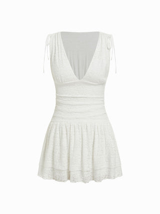 Jacquard V-neck Ruffled Ruched Mini Dress