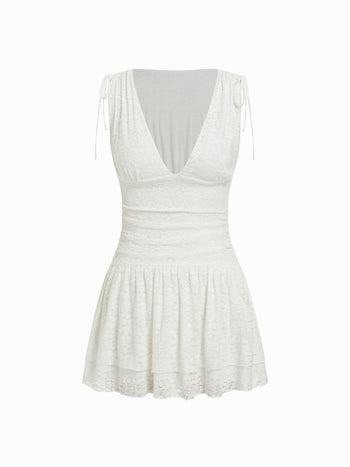 Jacquard V-neck Ruffled Ruched Mini Dress