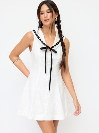 Cotton Broderie Anglaise Contrast Bowknot Flared Mini Dress