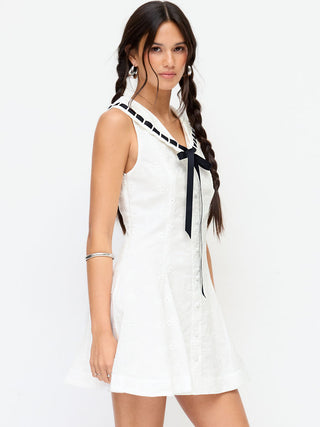 Cotton Broderie Anglaise Contrast Bowknot Flared Mini Dress