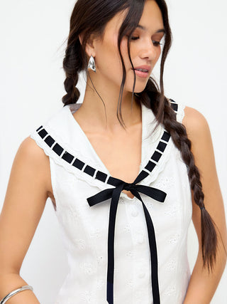 Cotton Broderie Anglaise Contrast Bowknot Flared Mini Dress