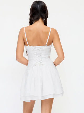 Cotton-blend Broderie Anglaise V-neck Lace Up Ruched A-line Mini Dress