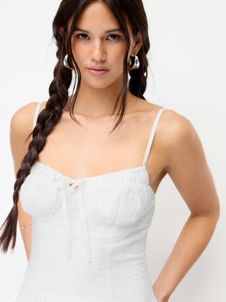 Cotton-blend Broderie Anglaise V-neck Lace Up Ruched A-line Mini Dress