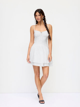 Cotton-blend Broderie Anglaise V-neck Lace Up Ruched A-line Mini Dress