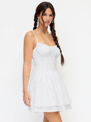 Cotton-blend Broderie Anglaise V-neck Lace Up Ruched A-line Mini Dress