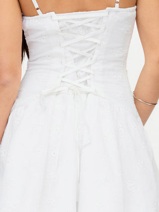 Cotton-blend Broderie Anglaise V-neck Lace Up Ruched A-line Mini Dress