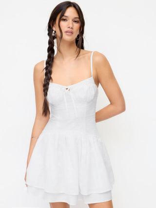 Cotton-blend Broderie Anglaise V-neck Lace Up Ruched A-line Mini Dress