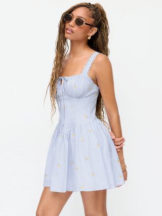 Cotton Striped Floral Square Neck Eyelet Ruched A-line Mini Dress