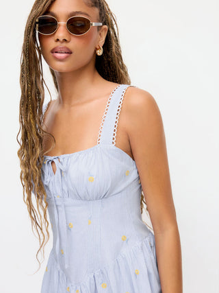 Cotton Striped Floral Square Neck Eyelet Ruched A-line Mini Dress