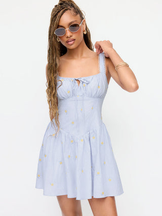 Cotton Striped Floral Square Neck Eyelet Ruched A-line Mini Dress
